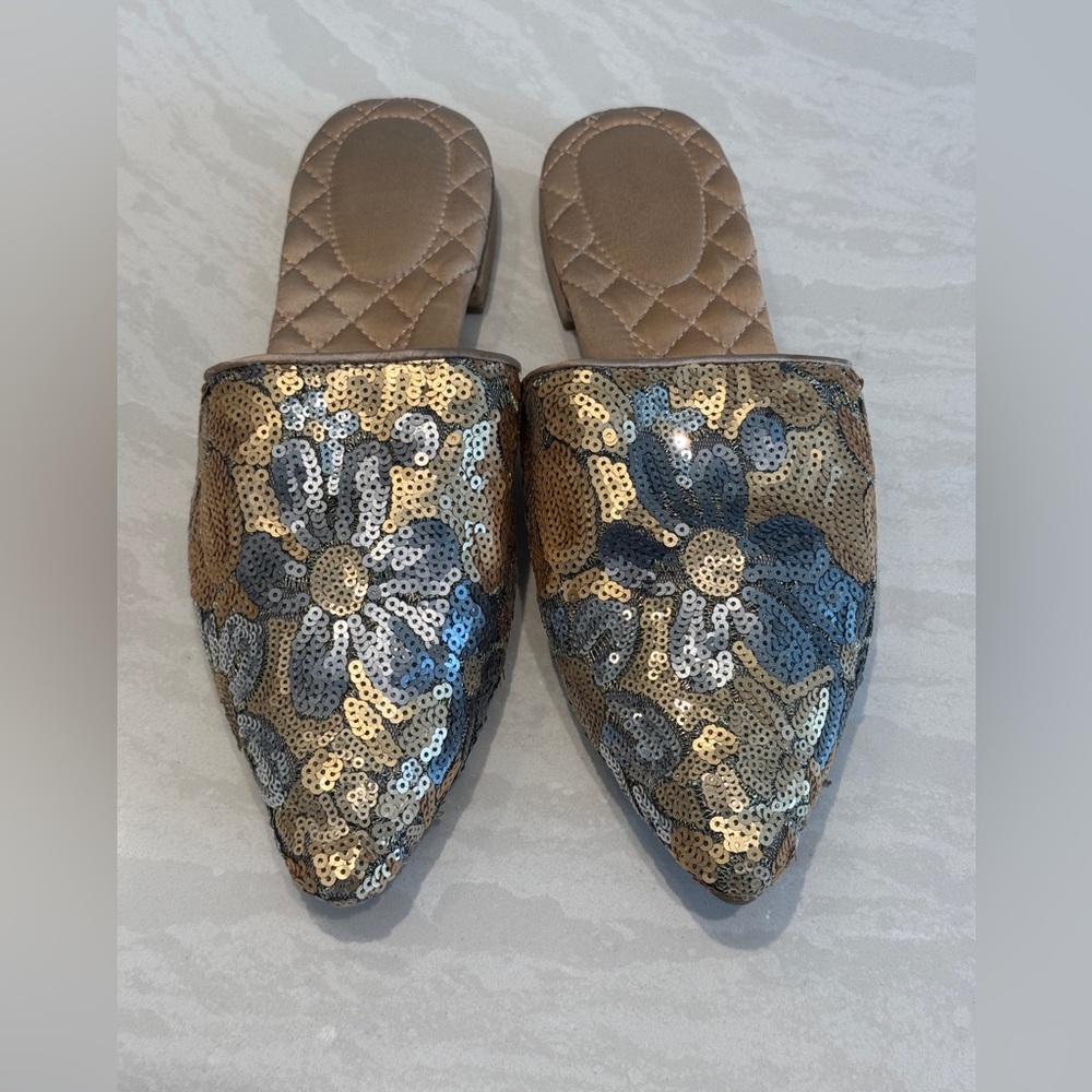 Birdies Sequined Pointed Mules in Gold and Silver Floral